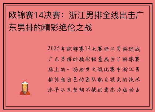 欧锦赛14决赛：浙江男排全线出击广东男排的精彩绝伦之战